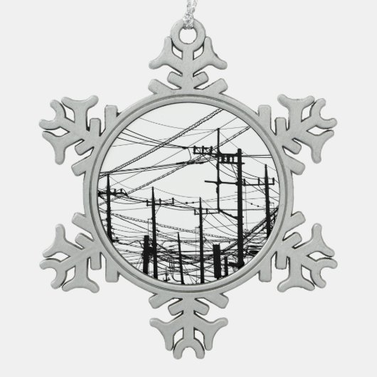 Oude telefoon- en voedingslijnen tin sneeuwvlok ornament (Voorkant)