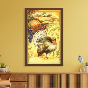 Oude Thanksgiving-groeten met kalkoen Canvas Afdruk