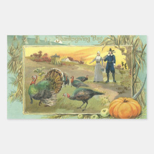 Oude Thanksgiving met kalkoenen en pelgrims Rechthoekige Sticker