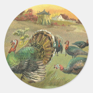 Oude Thanksgiving met kalkoenen en pelgrims Ronde Sticker