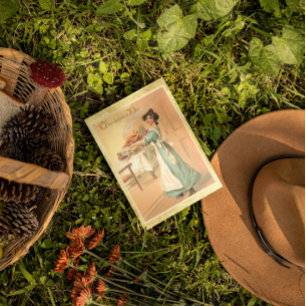 Oude Thanksgiving-vrouw met kalkoen-ansichtkaart Briefkaart