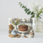 Oude theepot en cake thee tijd ansichtkaart briefkaart (Staand voorkant)