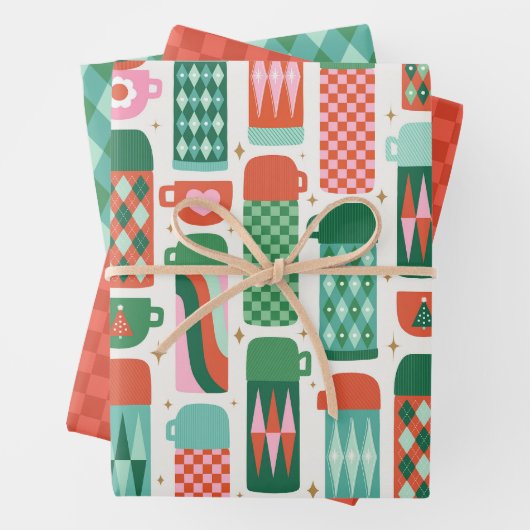 Oude thermosflessen Kerstmis Rood, Groen & Wit Inpakpapier Vel (In situ)