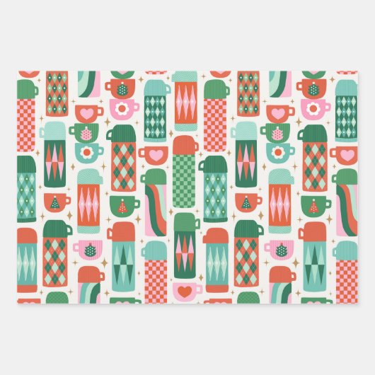 Oude thermosflessen Kerstmis Rood, Groen & Wit Inpakpapier Vel (Voorkant)
