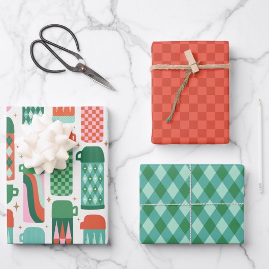 Oude thermosflessen Kerstmis Rood, Groen & Wit Inpakpapier Vel (Voorkant)