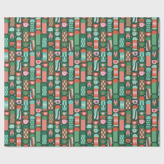 Oude thermoskannen Kerstmis Rood & Groen Cadeaupapier (Vlak)