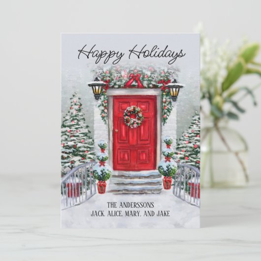 Oude tijd  rode deur Prettige feestdagen Feestdagenkaart (Staand voorkant)