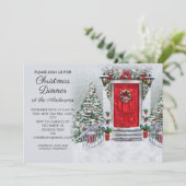 Oude tijd vintage rode deur krans Kerst diner Kaart (Staand voorkant)