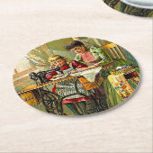 Oude tijd Zanger Naaimachine Moeder en Dochter Ronde Kartonnen Onderzetter (Gebogen)