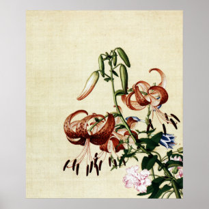 Oude tijgerlelie en pioen chinoiserie kunst poster