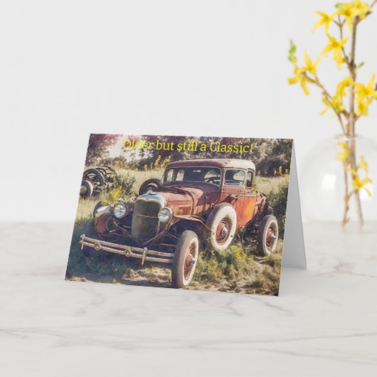 Oude timer wordt oud klassieke auto verjaardagskaa kaart (Gele Bloem)