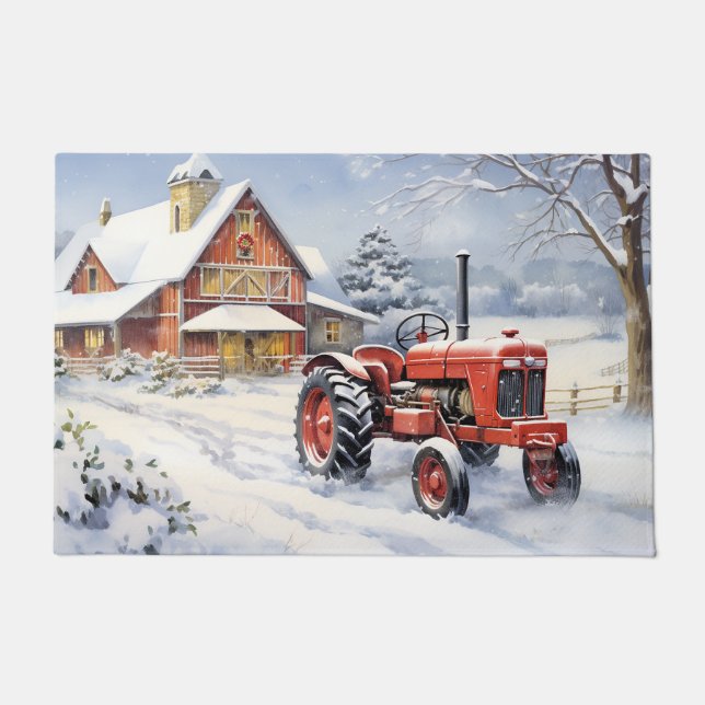 Oude Tractor en Schuur Snowy Winter Boerderij Kers Deurmat (Voorkant)