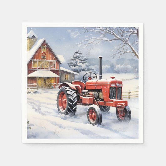 Oude Tractor en Schuur Snowy Winter Boerderij Kers Servet (Voorkant)