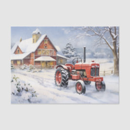 Oude Tractor en Schuur Snowy Winter Boerderij Kers Tissuepapier