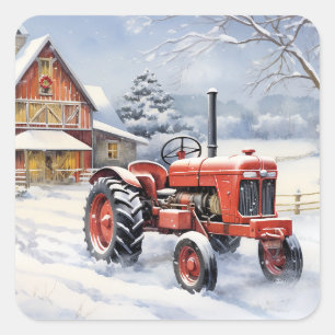 Oude Tractor en Schuur Snowy Winter Boerderij Kers Vierkante Sticker