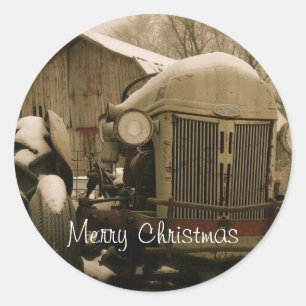 Oude Tractor in Sneeuw Kerstmis Envelop Seal Ronde Sticker