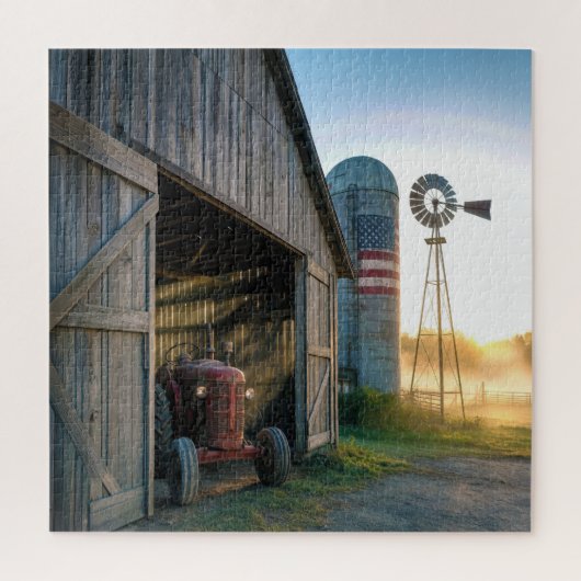 Oude tractor met windmolen en silo legpuzzel (Verticaal)
