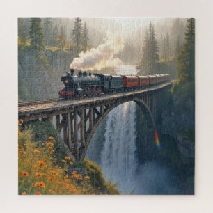 Oude trein op een bergtraliebrug legpuzzel