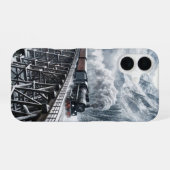 Oude trein op een bergvallei-traliebrug iPhone 16 hoesje (Achterkant horizontaal)