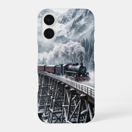 Oude trein op een bergvallei-traliebrug iPhone 16 hoesje (Achterkant)