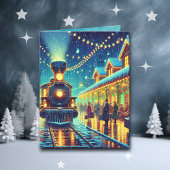 Oude treinstation op kerstavond besneeuwde nacht kaart