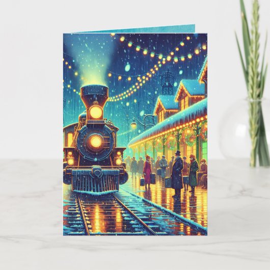 Oude treinstation op kerstavond besneeuwde nacht kaart (Voorkant)