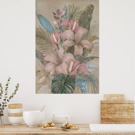 Oude tropische bladeren en bloemen poster