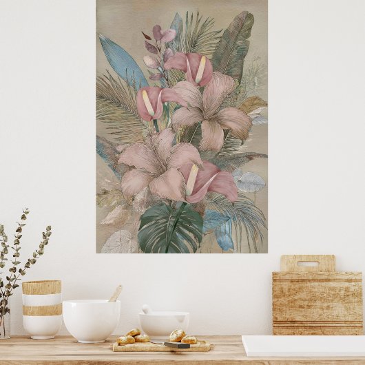 Oude tropische bladeren en bloemen poster (Keuken)