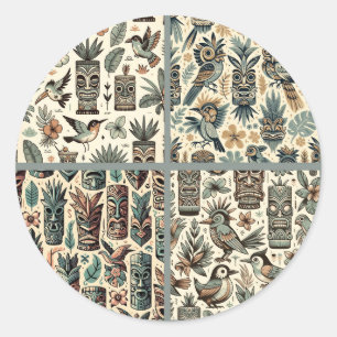 Oude Tropische Tiki-maskers en Vogels Grijs Groen Ronde Sticker