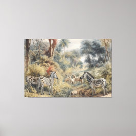 Oude Tropische Zebra Jungle Illustratie Antiek Canvas Afdruk