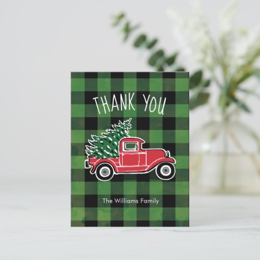 Oude Truck Groen Buffalo Plaid Dank Je Wel Feestdagenkaart (Staand voorkant)