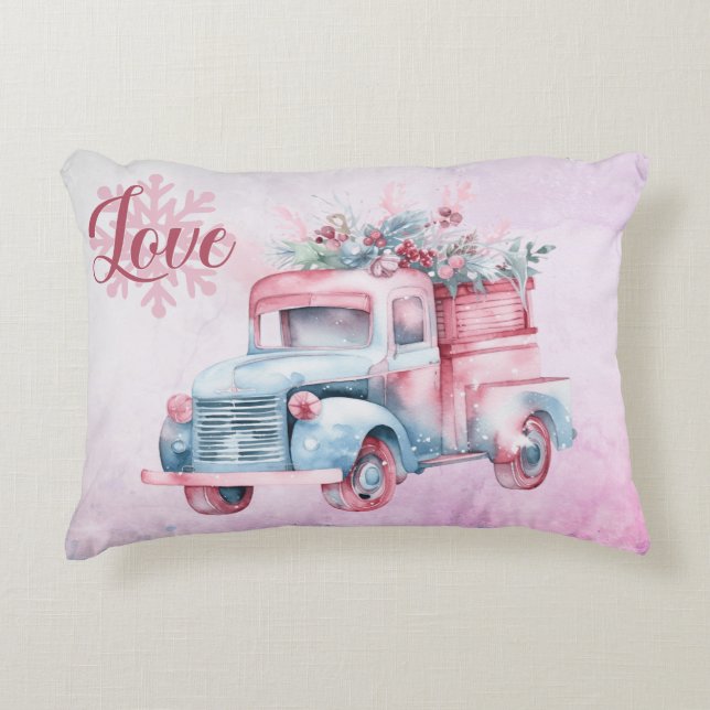Oude  Truck In Roze en Blauwe Pastel Accent Kussen (Voorkant)
