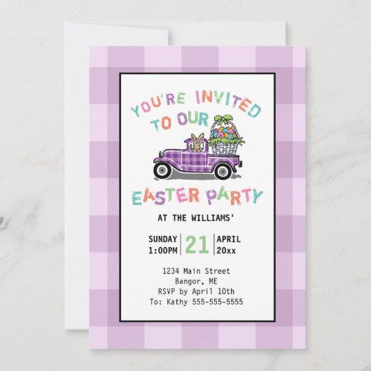 Oude Truck Paarse Gingham Paasfeest Kaart (Voorkant)