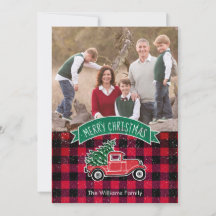 Oude Truck Rode Buffalo Plaid Vakantie Fotokaart