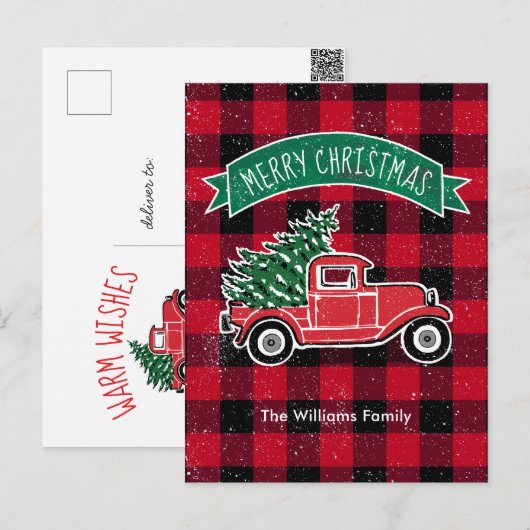 Oude Truck Rood Zwart Buffalo Plaid Feestdagenkaart (Voorkant / Achterkant)