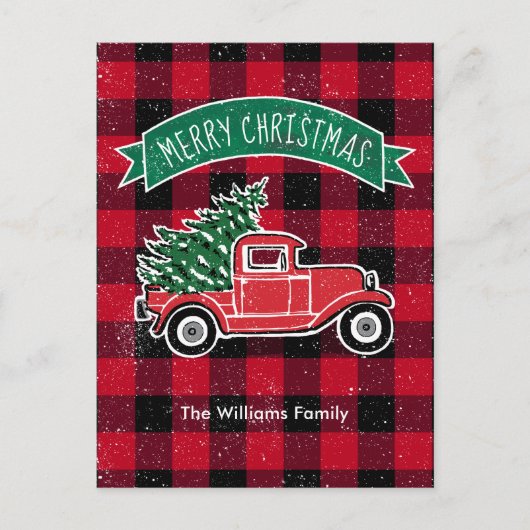 Oude Truck Rood Zwart Buffalo Plaid Feestdagenkaart (Voorkant)
