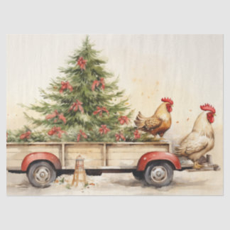 Oude Truck Trailer met Winter Pine Tree & Chickens Tissuepapier