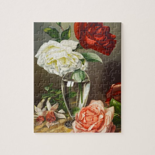 Oude tuinrozen in een glazen vaas legpuzzel (Verticaal)