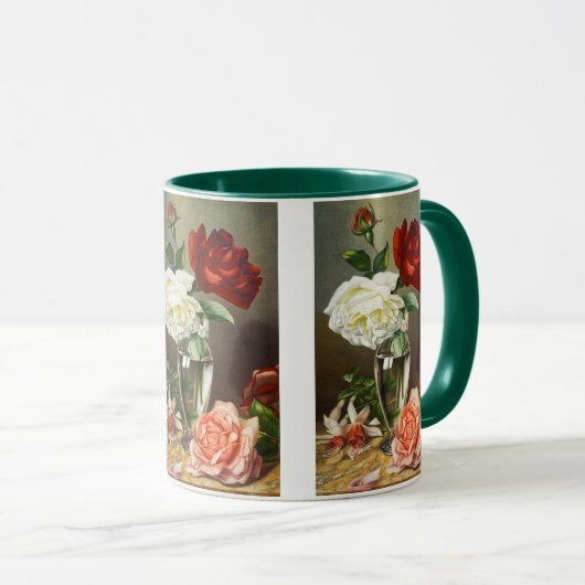 Oude tuinrozen in een glazen vaas mok (Voorkant rechts)