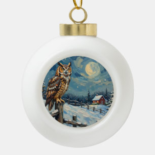 Oude uil op hek over bevroren kerstveld keramische bal ornament
