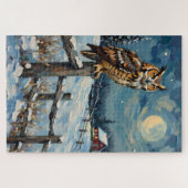 Oude uil op hek over bevroren kerstveld legpuzzel (Horizontaal)