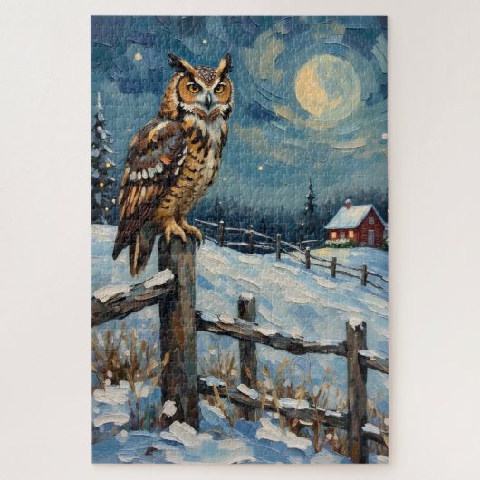Oude uil op hek over bevroren kerstveld legpuzzel (Verticaal)