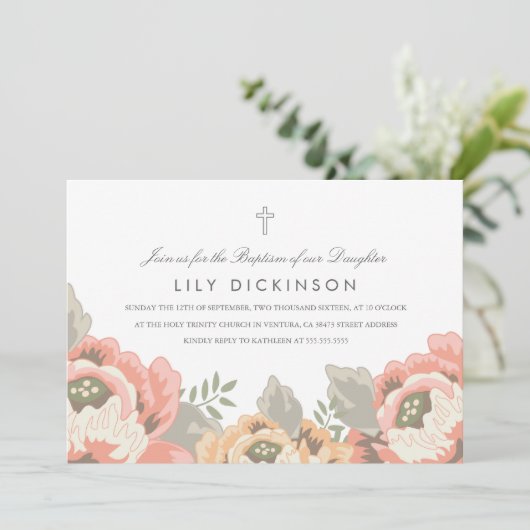 Oude uitnodiging voor de doop met bloemenprint (Staand voorkant)