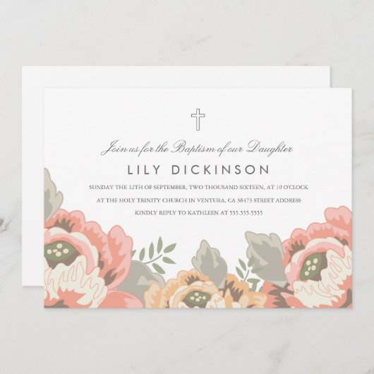 Oude uitnodiging voor de doop met bloemenprint (Voorkant / Achterkant)