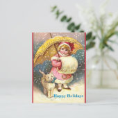 Oude Vakantie Afbeelding Meisje, Sneeuw ,Kat ,Gele Feestdagenkaart (Staand voorkant)