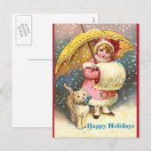 Oude Vakantie Afbeelding Meisje, Sneeuw ,Kat ,Gele Feestdagenkaart (Voorkant / Achterkant)