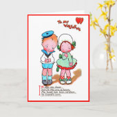 Oude Valentijn Schattig Meisje & Jongen Met Hart Kaart (Gele Bloem)