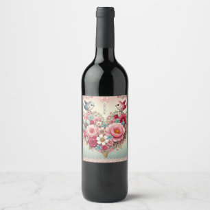 Oude Valentijnsdag bloemen/vogels/hartjes Wijn Etiket
