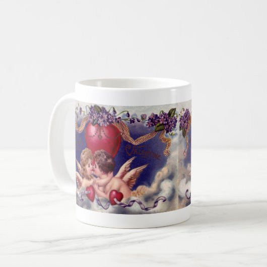 Oude Valentijnsdag, cherubijnen knuffelen in wolke Koffiemok (Voorkant links)