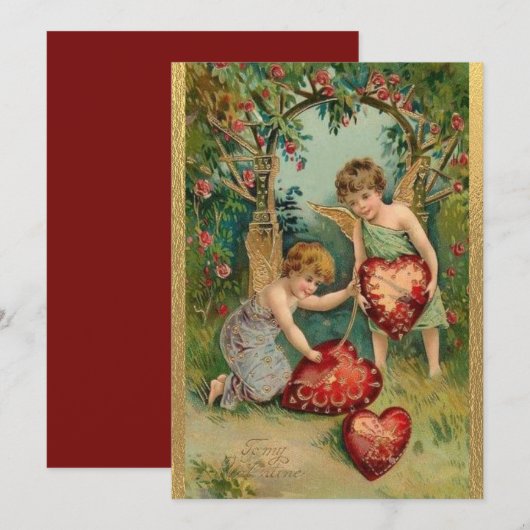 Oude Valentijnsdag Cherubs Hart Goud Feestdagenkaart (Voorkant / Achterkant)